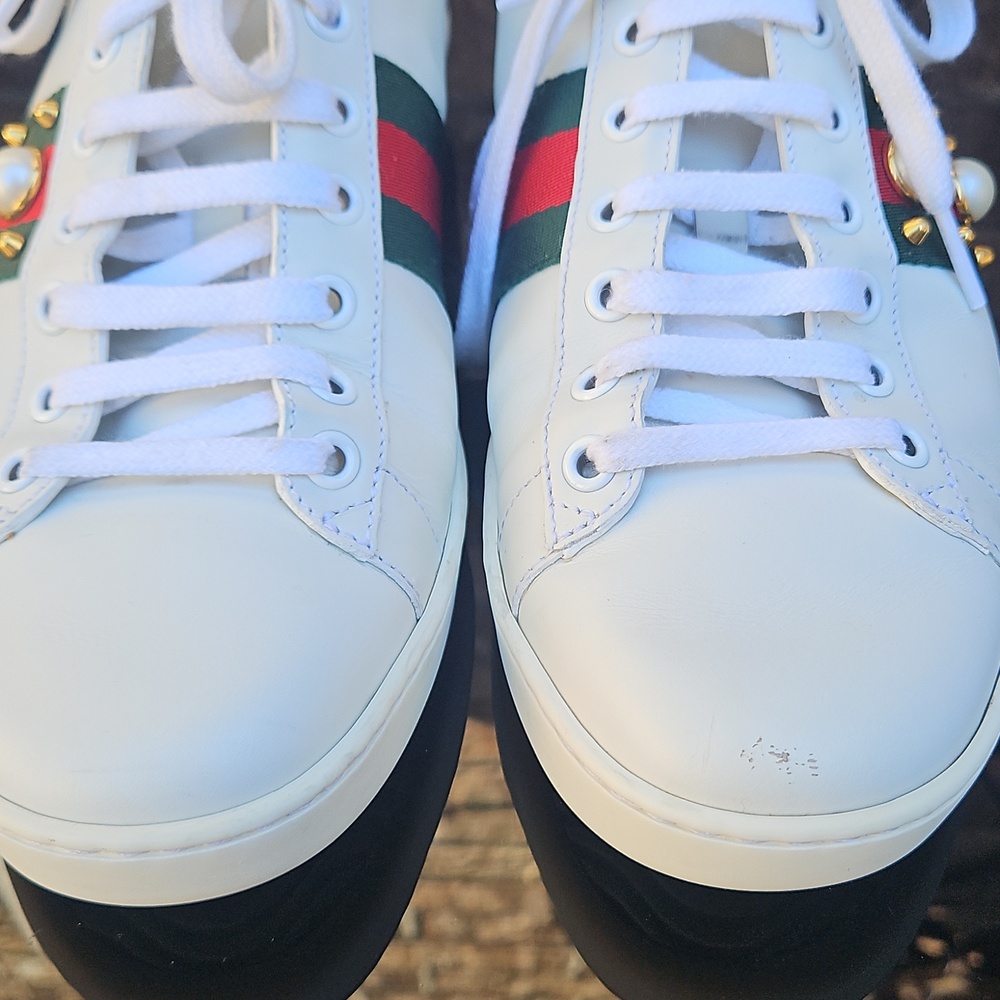 Gucci Ace White Calfskin Pearl & Spike Sneakers Sz. 38 1/2 - Picture 7 of 12